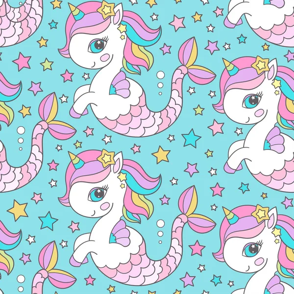 Seamless pattern. Unicorn seahorse on a blue background. For kids design, wallpapers, backgrounds, fabric, wrapping paper and so on. Vector