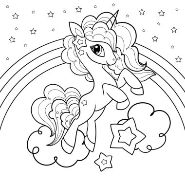 Gökkuşağı ve yıldızlı bulut üzerindeki şirin tek boynuzlu at çizgi filmi. Siyah-beyaz çizim. Fantezi hayvanı. Çocukların boyama kitapları, baskılar, posterler, dövmeler, kartlar, çıkartmalar ve benzerleri için. Vektör