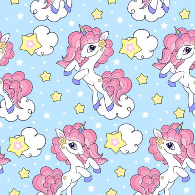 Pembe yeleli, mavi arka planda tek boynuzlu atların kusursuz deseni. Kumaş tasarımı, duvar kağıtları, arka planlar, ambalaj kağıtları vesaire için. Vektör