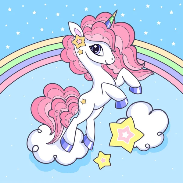 Cute Magical Unicorn Pink Mane Cloud Rainbow Stars Fantasy Creature — Vetor de Stock