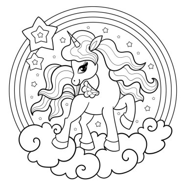 Sevimli neşeli tek boynuzlu at. Siyah-beyaz doğrusal çizim. Yuvarlak kompozisyon. Çocuk baskıları, posterler, çıkartmalar, kartpostallar için. Vektör illüstrasyonu.