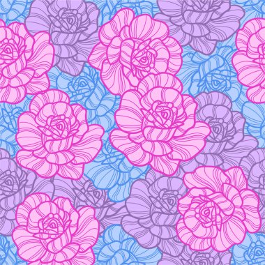Mavi, mavi ve pembe gül çiçekleriyle kusursuz bir desen. Yaz teması. Retro tarzı. Kumaş tasarımı, duvar kâğıdı, arka plan, ambalaj kağıdı, hatıra defteri. Vektör