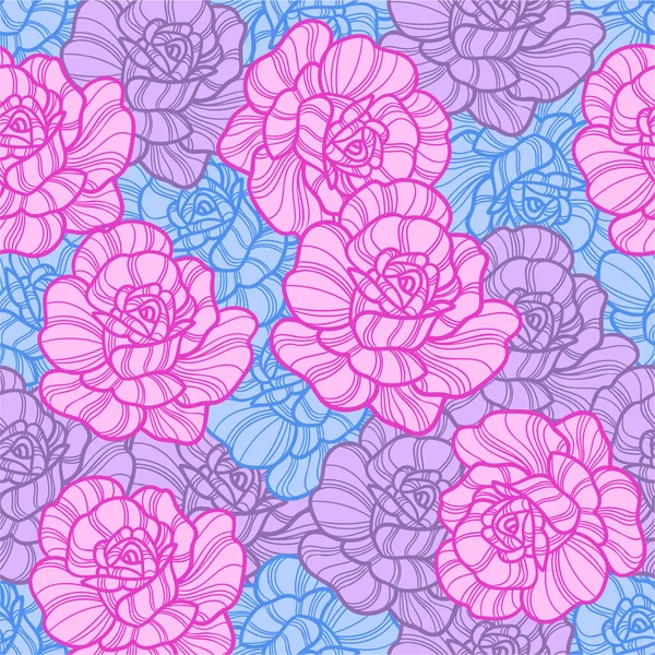 Mavi, mavi ve pembe gül çiçekleriyle kusursuz bir desen. Yaz teması. Retro tarzı. Kumaş tasarımı, duvar kâğıdı, arka plan, ambalaj kağıdı, hatıra defteri. Vektör
