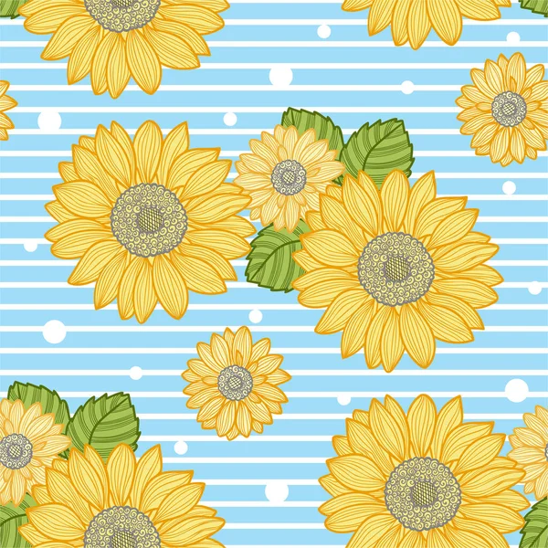 Nahtloses Muster Von Sonnenblumenblüten Auf Blau Weißem Hintergrund Sommerdruck Für — Stockvektor
