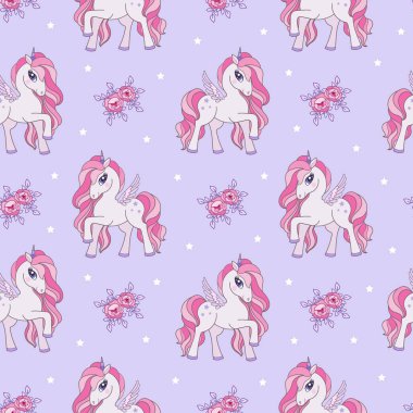 Kusursuz desenli, tek boynuzlu at ve güllerle donatılmış. Leylak renginde. Vektör