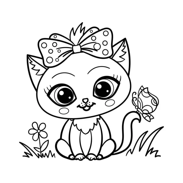 Cute Little Cartoon Kitten Butterfly Black White Linear Drawing Cat — Stock Vector
