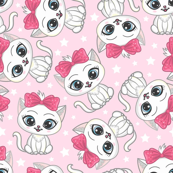 Childish Seamless Pattern White Kittens Pink Background Design Children Clothing — Stock Vector