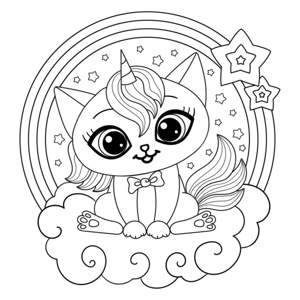 Desenho de unicórnio de gato bonito e estrelas arco-íris para colorir  desenhado à mão