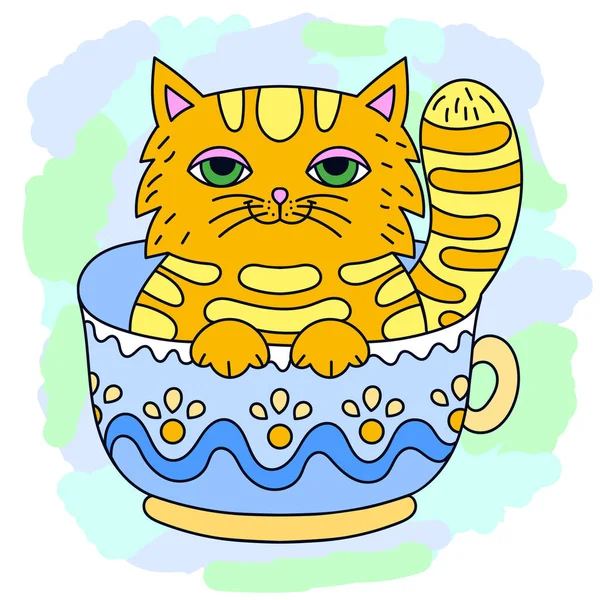 Engraçado Desenho Animado Gato Vermelho Senta Uma Xícara Doodle Style — Vetor de Stock