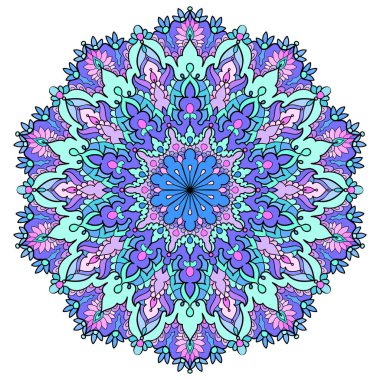 Renkli mandala. Arapça, Hint geometrik şablonu bir daire şeklinde. Etno tarzı. Baskıların, posterlerin, kartpostalların, yemek gömleklerinin tasarımı için. Vektör