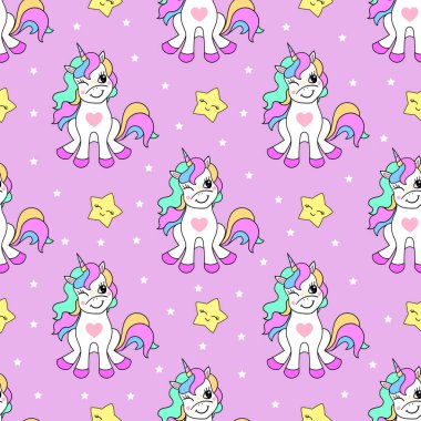 Pembe arka planda tek boynuzlu atlar ve yıldızlar olan kusursuz bir desen. Sihirli çocuk geçmişi. Kumaş tasarımı, duvar kağıtları, arka planlar için. Paket kağıdı, vesaire. Vektör