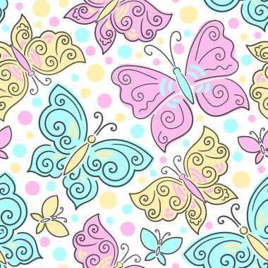 Komik kelebekli kusursuz desen. Doodle tarzı. Çocuklar için kumaş tasarımı, duvar kağıtları, arka planlar, ambalaj kağıtları vesaire için. Vektör