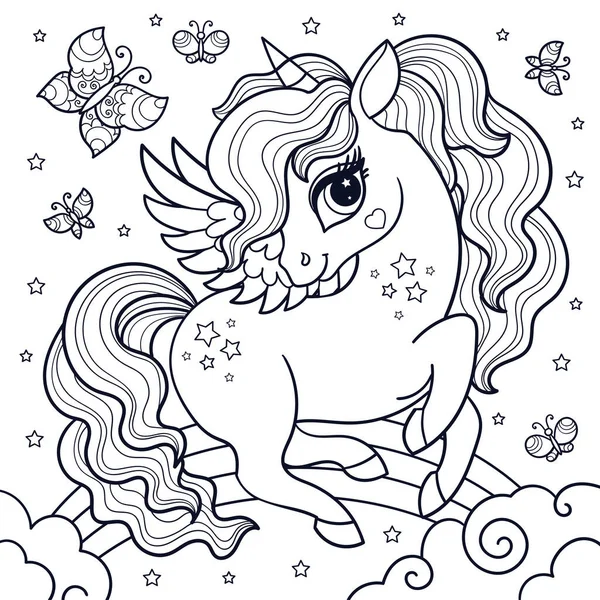 Gökkuşağında kelebekler olan şirin tek boynuzlu at çizgi filmi. Siyah-beyaz doğrusal çizim. Çocuk boyama kitapları, baskılar, posterler, kartlar, çıkartmalar vesaire için. Vektör