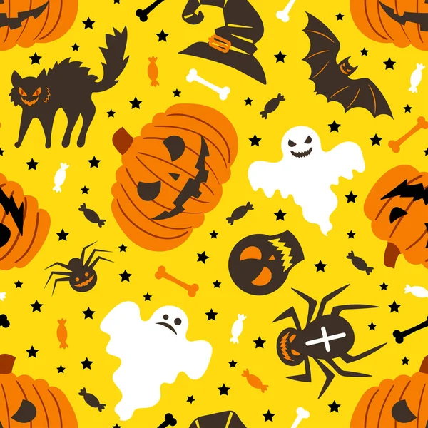 Seamless Pattern Halloween Yellow Background Ghosts Pumpkins Skulls Bats Backgrounds — 图库矢量图片