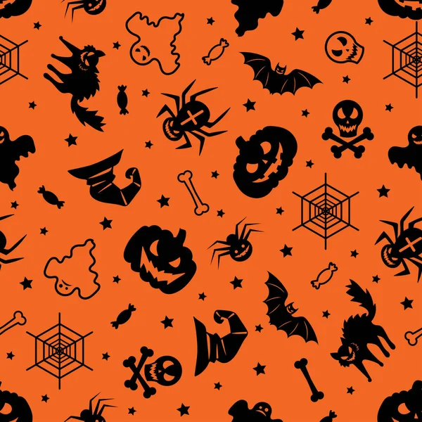 Seamless Pattern Halloween Black Silhouettes Orange Background Design Backgrounds Wallpapers — Stockvector