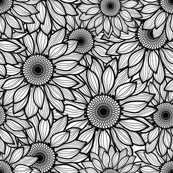 Seamless Floral Pattern Daisies Black White Linear Design Backgrounds Wallpapers — Stockvektor