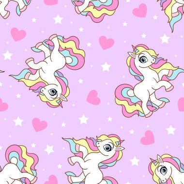 Seamless pattern with unicorns and hearts on a pink background. For children's design of backgrounds, wallpapers, fabric, wrapping paper. Vecto