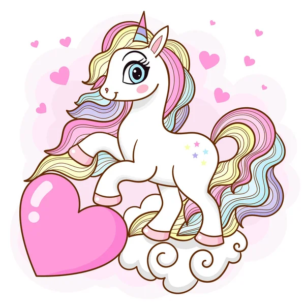 Cute cartoon unicorn with rainbow mane and heart. Children's illustration. For the design of prints, posters, stickers, postcards, etc. Vector