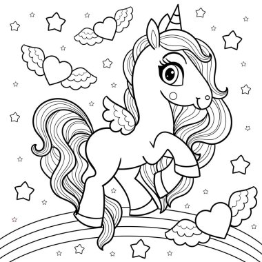 Beautiful unicorn on the rainbow. Black and white linear image. For children's design of coloring books, prints, posters, stickers, cards, tattoos and so on. Vector
