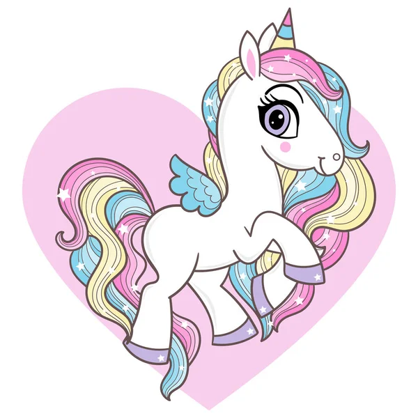 White unicorn with rainbow mane and heart. Fantasy animal. For children's design prints of posters, stickers, cards and so on. Vector