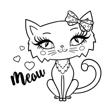 Meow. Cartoon cute kitten with a bow. Black and white linear drawing. For childrens design of coloring books, prints, posters, stickers and so on. Vector