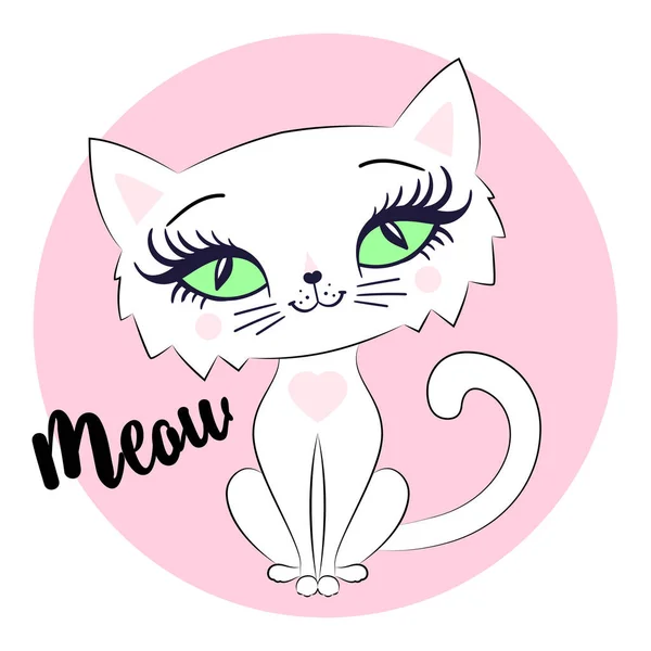 Meow Inscription White Cartoon Kitten Pink Background Childrens Design Printers — 图库矢量图片