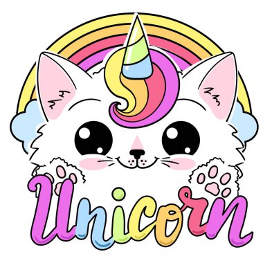 Gökkuşağı kedisi tek boynuzlu at Kawaii. Tekboynuz Mektup. Doodle tarzı. Çocuk tasarımı için baskılar, posterler, çıkartmalar, kartlar, tişörtler vesaire. Vektör