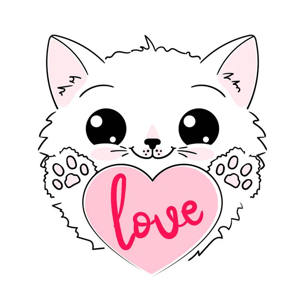可爱的卡通白色小猫带着一颗心 失恋的爱 卡瓦伊风格的情人节卡片 用于印刷品 卡片等的设计 — 图库矢量图片