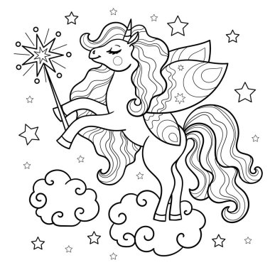 Bulutta sihirli değneği olan şirin tek boynuzlu at. Siyah-beyaz doğrusal çizim. Parmak izlerinin tasarımı için resim kitapları, posterler, çıkartmalar, kartlar, tişörtler, fincanlar vesaire. Vektör