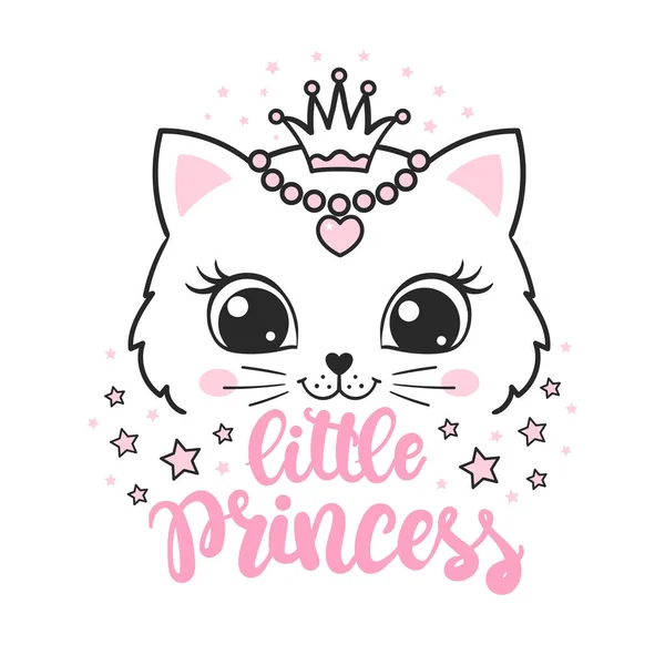 Pequeno Slogan Princesa Cara Gato Bonito Com Uma Coroa Estrelas — Vetor de Stock