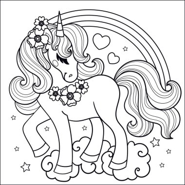 Çiçekleri ve gökkuşağı olan güzel bir tek boynuzlu at. Siyah ve beyaz doğrusal görüntü. Baskılar, posterler, kartlar, bulmacalar, çıkartmalar vesaire için. Vektör