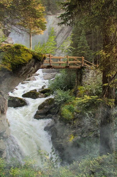 Dřevěný most v mlhavé lesní víla — Stock fotografie