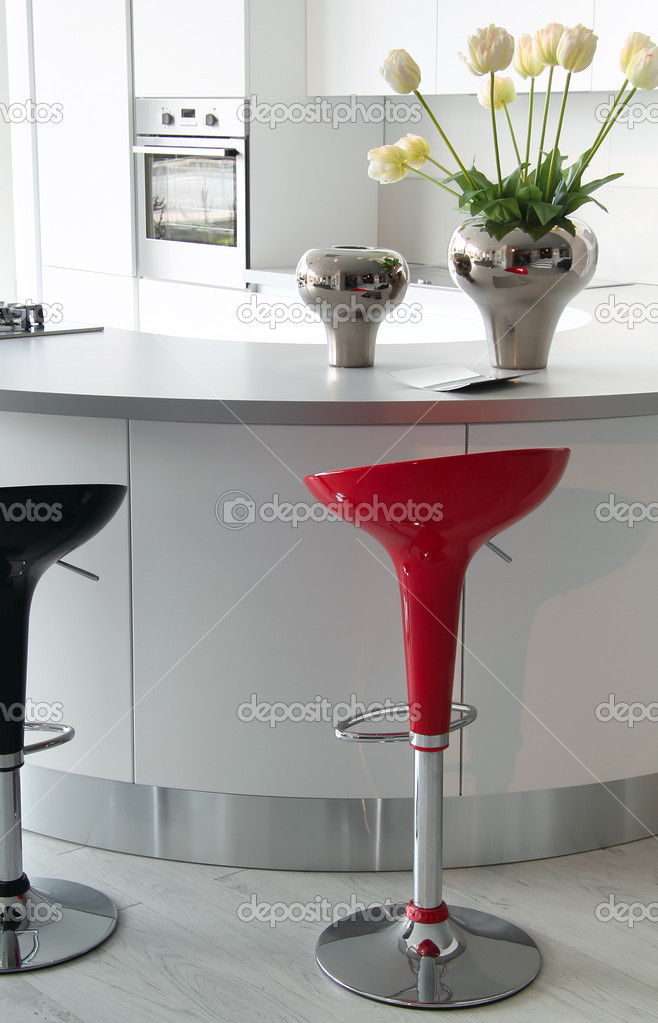 White kitchen black and red stools