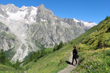 çiçekli dağ izinde kız hiking
