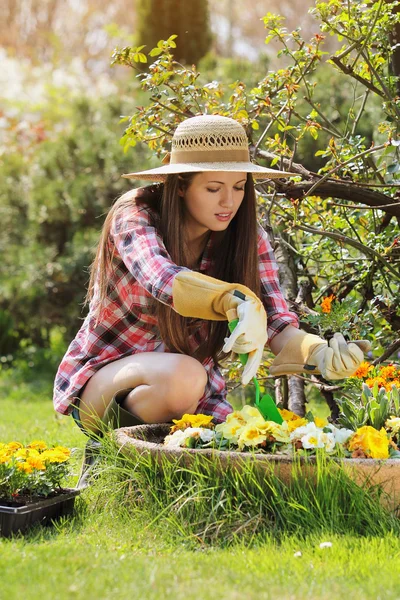 Mulher bonita e suas novas flores — Fotografia de Stock