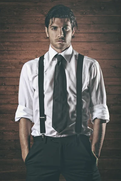 Fashion model  with black suspenders — Stock Photo, Image