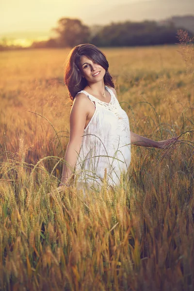 Beautiful woman poses in a field — Stock Photo, Image