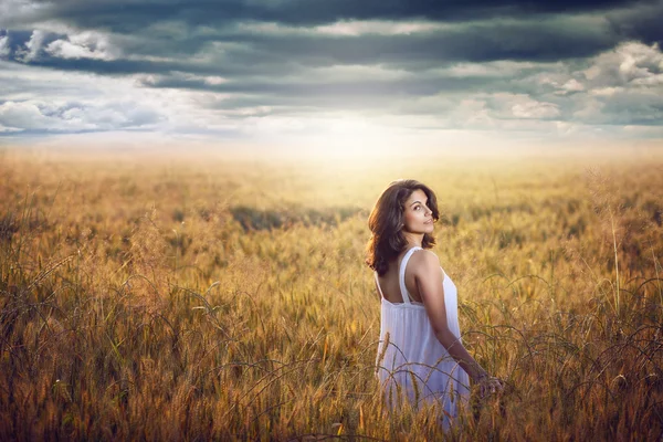 Schöne Frau im Maisfeld mit dramatischem Licht — Stockfoto