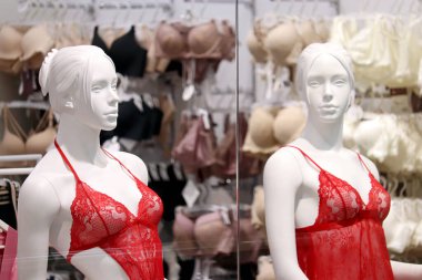 İç çamaşırı mağazasının vitrininde sutyen ve külot askılarının arkasında kırmızı iç çamaşırlı kadın mankenler.