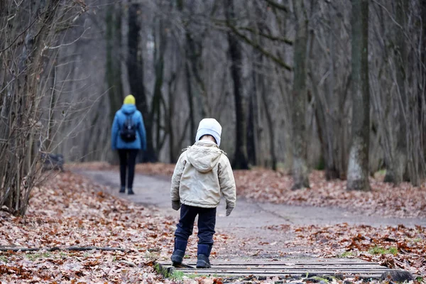 Menino Fica Parque Outono Fundo Mulher Que Parte Conceito Criança — Fotografia de Stock