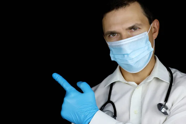 Doktorn Engångs Ansikte Och Medicinska Handskar Mask Pekar Upp Med — Stockfoto