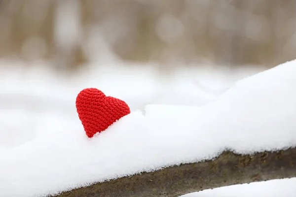 冬の森の木の枝に雪の中で赤いハートを編んだ バレンタインカード愛のシンボルクリスマスのお祝いの背景 ストック写真