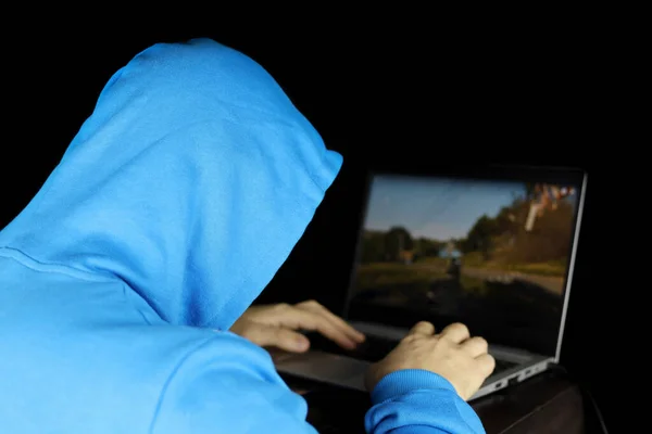 Guy Blue Hoodie Playing Computer Game Laptop Concept Game Addiction —  Fotos de Stock