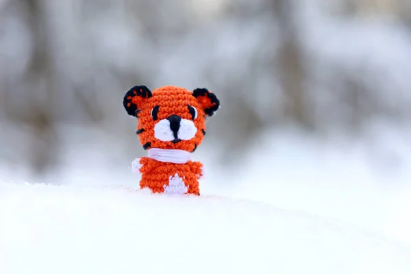 Knitted Toy Tiger Snow Forest Background Greeting Card Celebration New Stock Picture