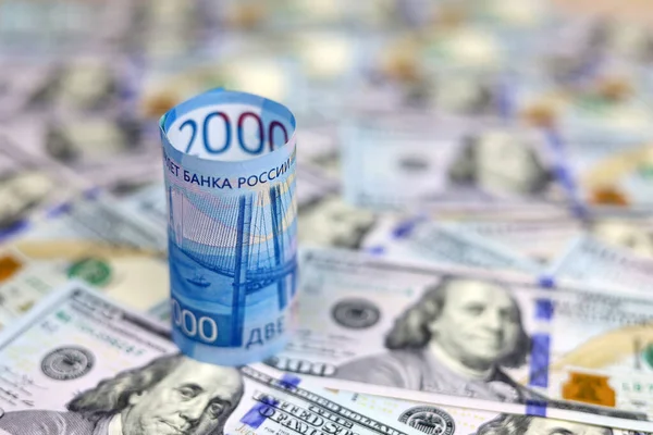 Ρωσικά Ρούβλια Φόντο Αμερικανικών Δολαρίων Έννοια Της Συναλλαγματικής Ισοτιμίας Κυρώσεις — Φωτογραφία Αρχείου