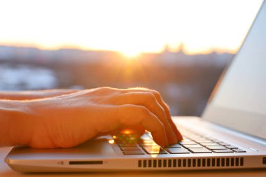 Pencere kenarındaki dizüstü bilgisayarda güneş ışığı gören kadın eller. Konforlu iş yeri, çevrimiçi iletişim, ofis ya da ev işi kavramı