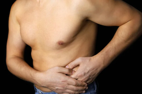 Man Side Pain Black Background Shirtless Person Suffering Kidney Stomach — Stock Photo, Image