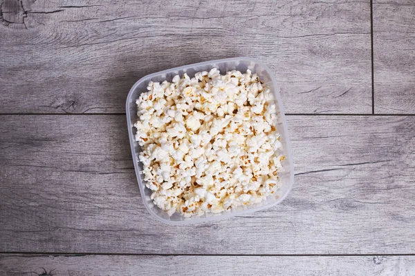 Popcorn Bowl Wooden Table Top View — Stock Photo, Image