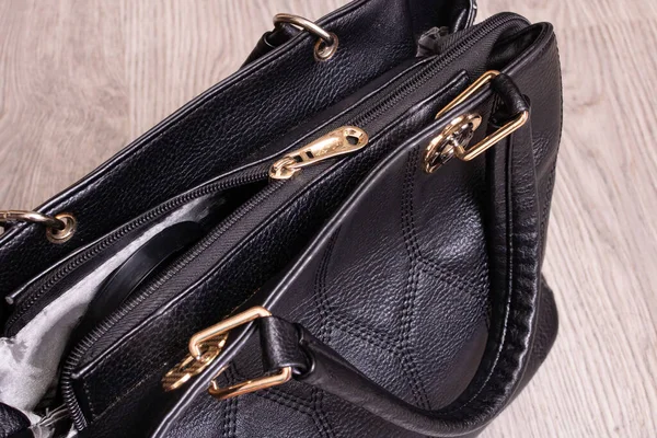 Black Female Handbag Wooden Background Close — Stock Photo, Image