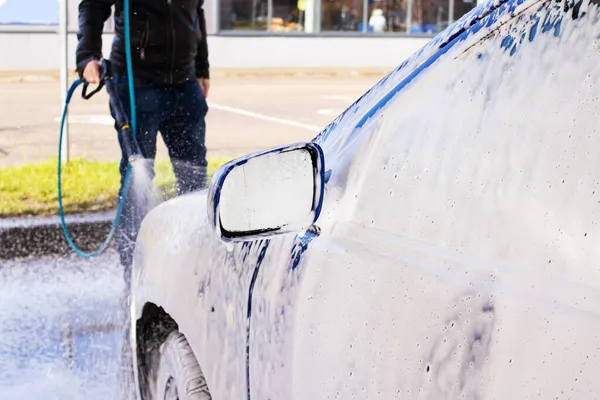 Azul Coche Espuma Lavado Coches Cerca — Foto de Stock